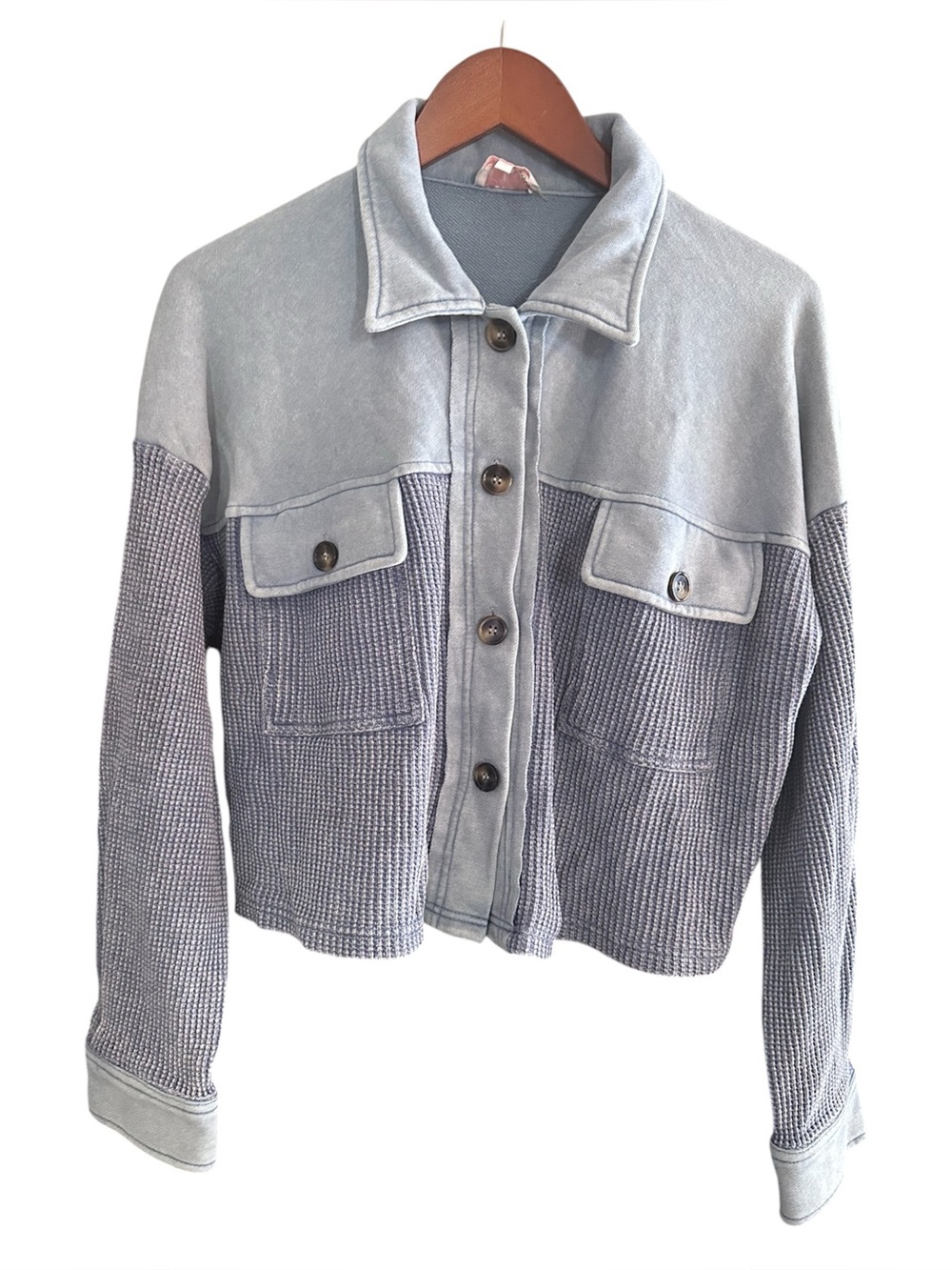 Women’s Soft Mixed Media Blue Waffle Knit Shirtp Jacket | Button Front | Blue |